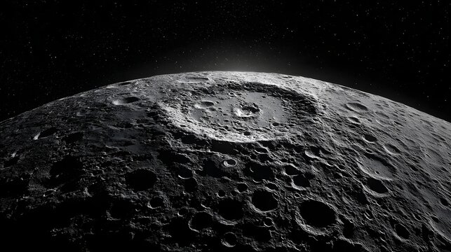 High resolution view of moon surface showing craters and rocky terrain under starry dark space background.