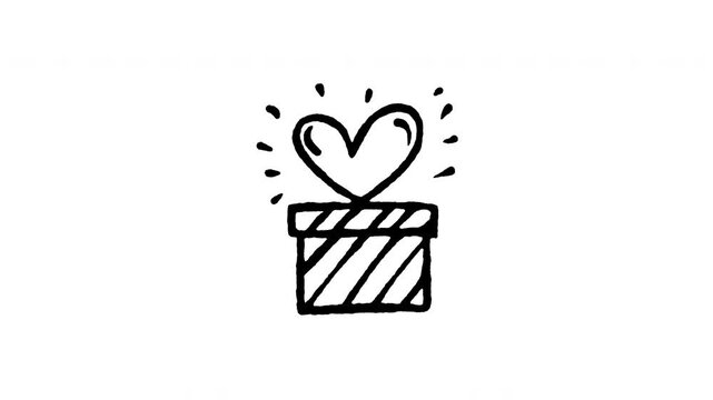 Animated doodle icon of a gift box tied with a heart-shaped ribbon for Valentine's Day.