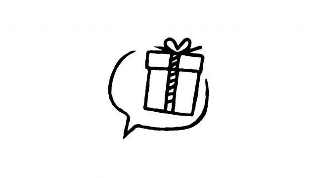 Animated doodle icon of a gift box inside a speech bubble message for giving presents.