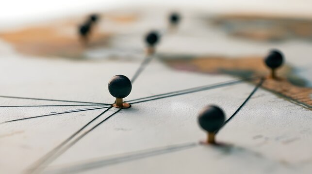 Black pins mark interconnected points on a textured map surface  suggesting networked locations or logistical connections