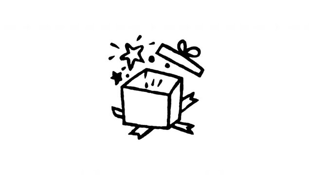 Animated doodle icon of an opened gift box bursting with party confetti celebration.