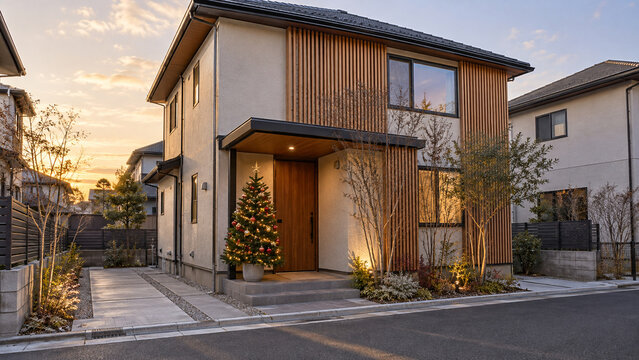 玄関のクリスマスツリーが彩る都市型二階建て住宅の夕景