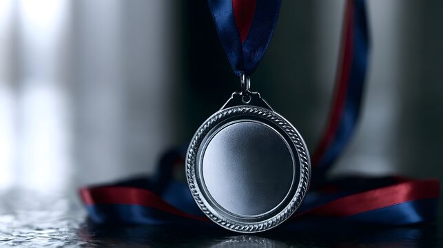 A silver medal with a blue and red ribbon hangs against a softly blurred background  symbolizing achievement and recognition