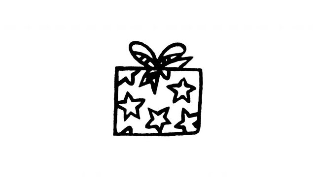 Animated doodle icon of a wrapped gift box present decorated with star patterns.