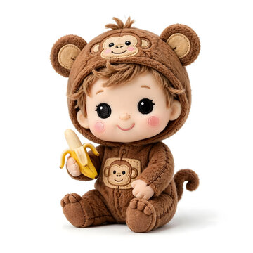 Cute baby doll wearing a brown monkey costume holding a small yellow