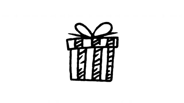 Animated doodle icon of a striped gift box present tied with an oversized big bow.