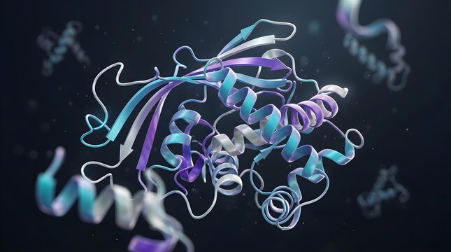 3d illustration of a complex protein molecule structure with alpha helices and beta sheets, representing biological research, biochemistry, and molecular biology concepts