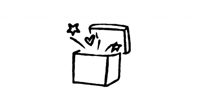 Animated doodle icon of an open surprise gift box bursting with hearts and stars.