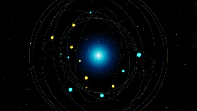 Abstract quantum gyroscope spinning in dark space with glowing light