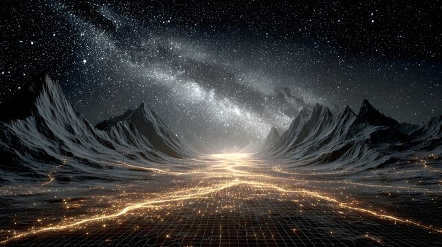 Glowing light grid valley leading through dark mountain peaks toward starry galaxy sky in futuristic data landscape.