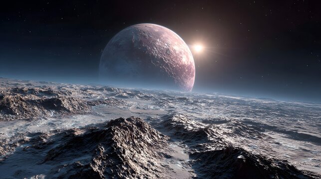 Surface of dwarf planet Pluto with rocky terrain ice mountains and distant bright sun shining in deep outer space.