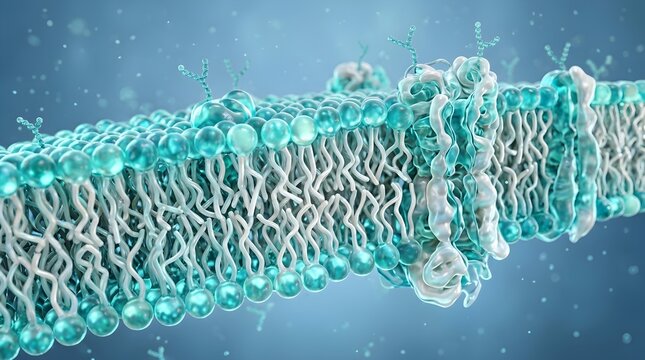 3d illustration of a cell membrane structure with lipid bilayer, integral proteins, and carbohydrate chains, representing the fluid mosaic model of biological cell membranes