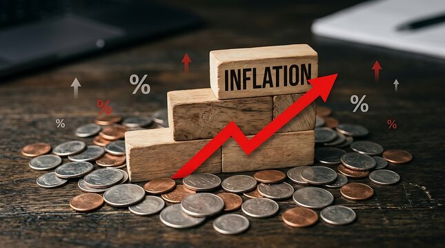 Inflation rising: wooden blocks with word inflation, coins, and red arrow graph