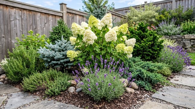 A beautiful, well-maintained garden featuring a variety of evergreen shrubs, flowering plants like lavender and hydrangea, and stone pathways.