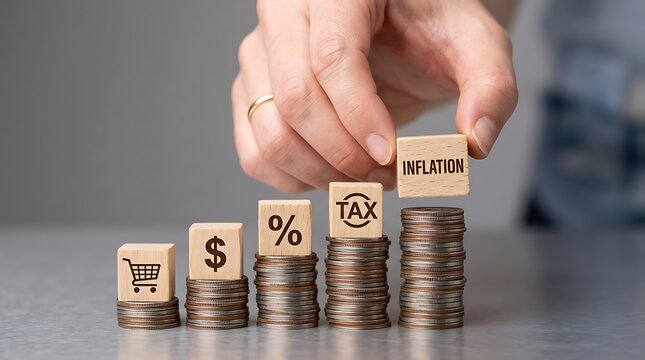 Rising Inflation and Tax Costs: Hand Adds Inflation Cube to Stacked Coins
