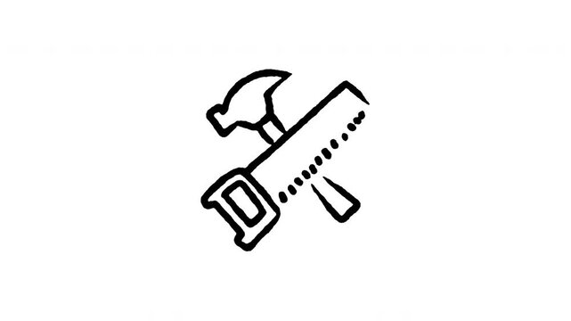 Animated doodle icon of crossed construction hammer and hand saw tools symbol.