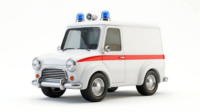 A vintage white ambulance with red stripes and blue flashing lights on top, isolated on a white background.
