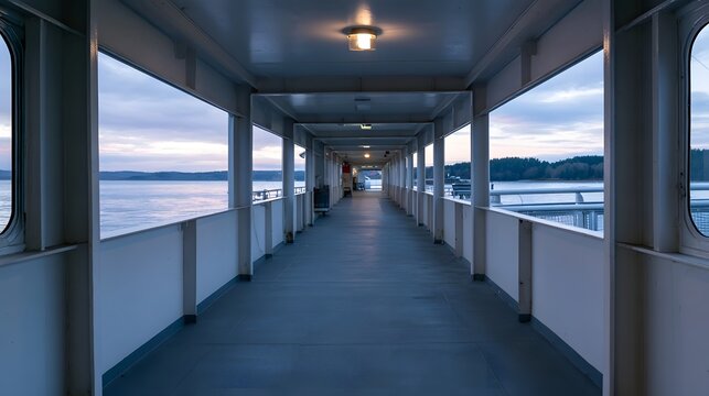 A long covered walkway on a ferry boat extends over calm water toward distant tree lined shores under a soft twilight sky