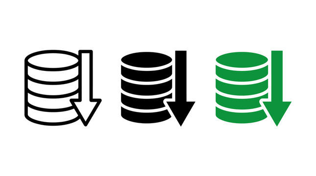 Set of vector cost reduction icons with coin stack and downward pointing arrow