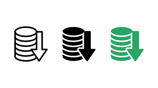 Set of cost optimization icons featuring stacks of coins with a down arrow