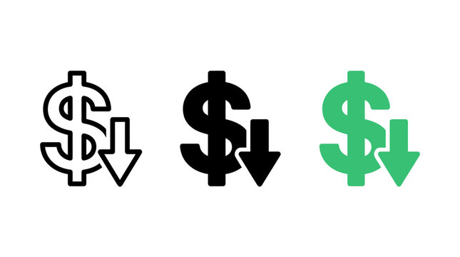 Set of Dollar Currency Symbol Icons with Downward Arrow for Financial Savings