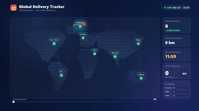Christmas Gift Delivery Tracker Animation With Santa Sleigh Moving Along World Map Route, City Pins, Progress Bar and Statistics Panel, Flat Vector Seamless Loop

