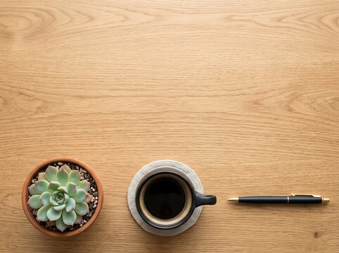 Overhead View of a Coffee Cup, Succulent Plant, and Pen on a Wooden Desk