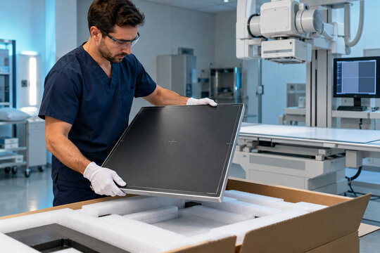 Biomedical engineers performing digital detector panel setup during installation or commissioning of an unbranded X-ray Machine system in a hospital. Created with Generative AI.