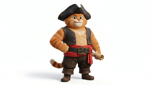 A cartoon orange cat character dressed as a pirate, wearing a tricorn hat, vest, and sash, standing on a white background.