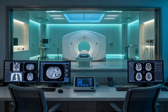 Unbranded CT Scanner equipment showing ct room shielded empty in a modern hospital radiology installation environment with no people. Medical technology image created with Generative AI.