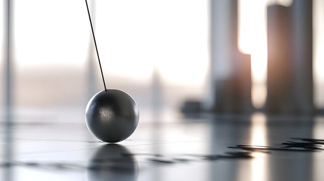 A metallic pendulum ball hangs suspended by a thin wire over a reflective floor  with blurred office in the background