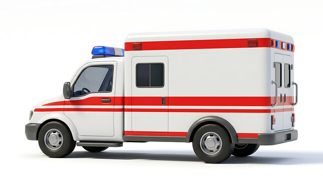 Side view of a white ambulance with red stripes and blue emergency lights on a white background.