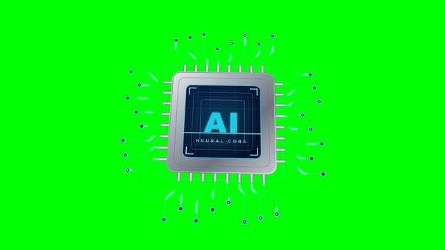 Artificial Intelligence AI Neural Core Microchip Processor Animation Green Screen