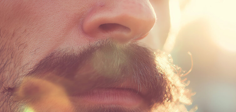 Man's profile with a mustache and beard enjoying golden hour sunlight outdoors, highlighting natural skin and facial hair texture