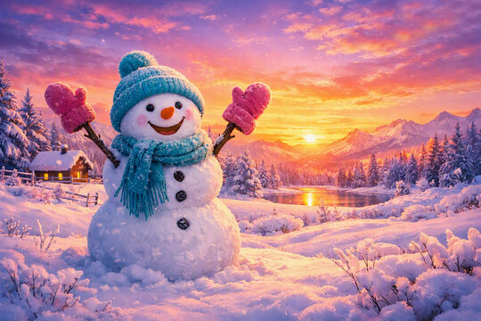 Happy Smiling Snowman in Winter Landscape During Vibrant Sunset with Cozy Cottage