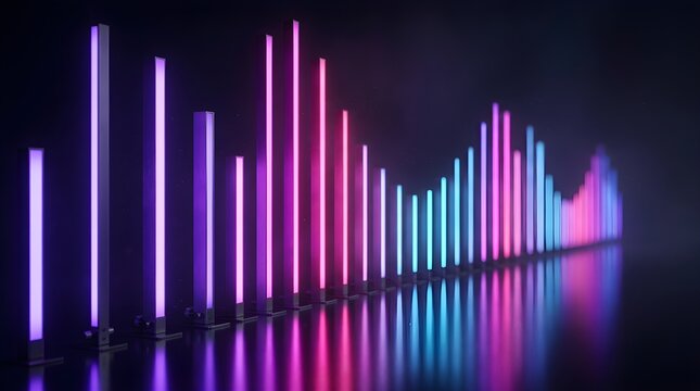 Colorful glowing audio equalizer bars with neon light reflections on a dark glossy surface for music concepts