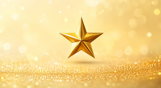 Shiny Golden Star Symbol Floating over Sparkling Gold Bokeh Light Background