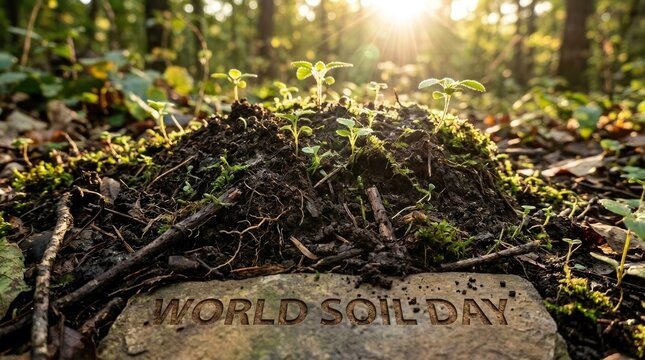 World soil day concept with a small mound of earth shaped like a world map featuring tiny green sprouts under warm sunlight in a forest setting world soil day