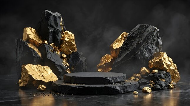 Elegant Black Stone and Gold Nugget Display Podium for Luxury Product Presentation and Minimalist Sophisticated Commercial Photography