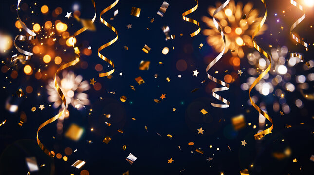 Golden celebration ribbons with confetti and fireworks bokeh background