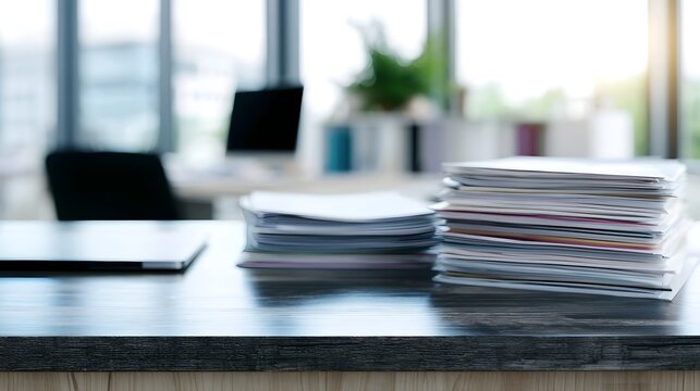 A modern office desk with stacks of papers and a laptop  featuring a blurred background with and indoor plants