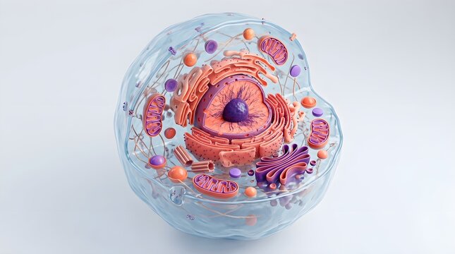 3d illustration of a eukaryotic animal cell structure showing organelles like the nucleus, mitochondria, endoplasmic reticulum, and golgi apparatus in a crosssection view