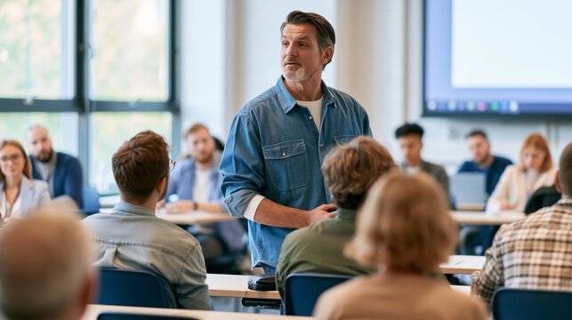 Man teaches in bright, modern classroom
