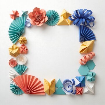 Colorful paper origami crafts frame on white background