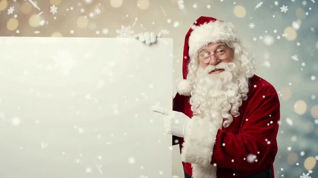 Santa Claus holding blank banner for copy space with falling snowflakes and bokeh background, seamless holiday motion graphic loop
