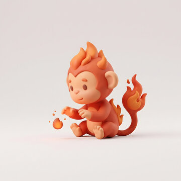 Cute stylized 3D monkey character with fire elements and soft clay texture.