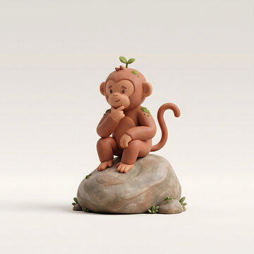 Cute clay style monkey figurine sitting on a rock thinking with a sprout.