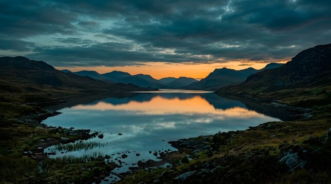 Lake reflection with sunset over hills