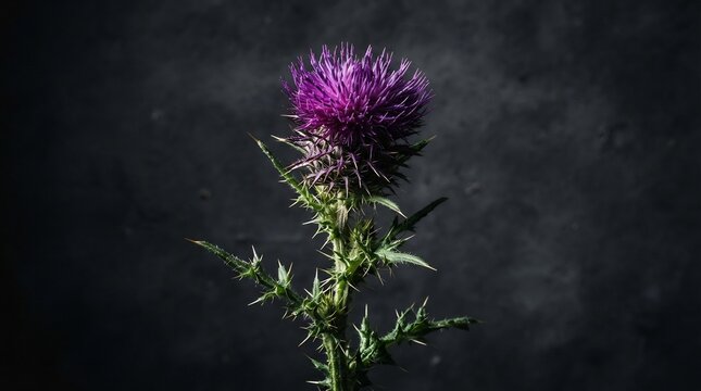 Vibrant purple thistle bloom with thorny green stem and foliage isolated on dark grey background