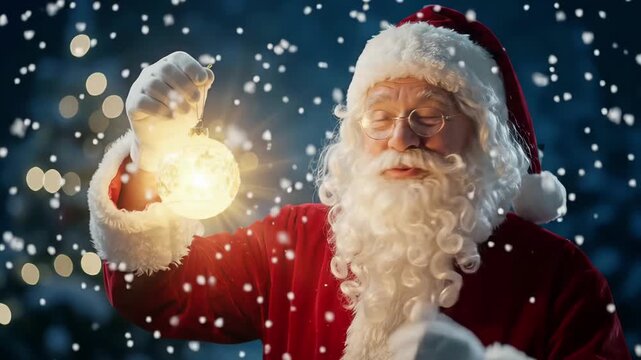 Santa Claus holding glowing ornament amidst falling snow and festive bokeh lights, magical Christmas holiday 3d render background loop
